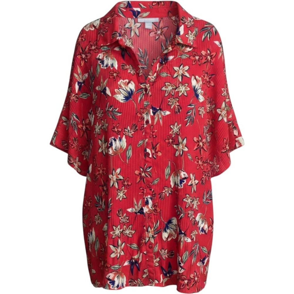 Floral Pleated Artsy Grandmacore Pink Button Front Tunic Shirt Plus Size 1X